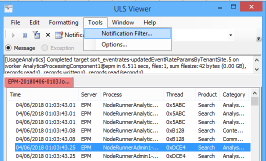 Notification filter in SharePoint ULS viewer