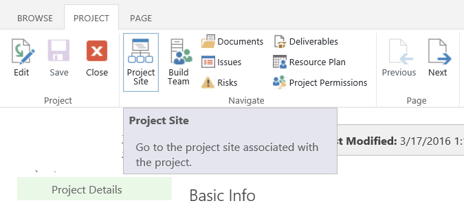 Open a Project Site in Project Server