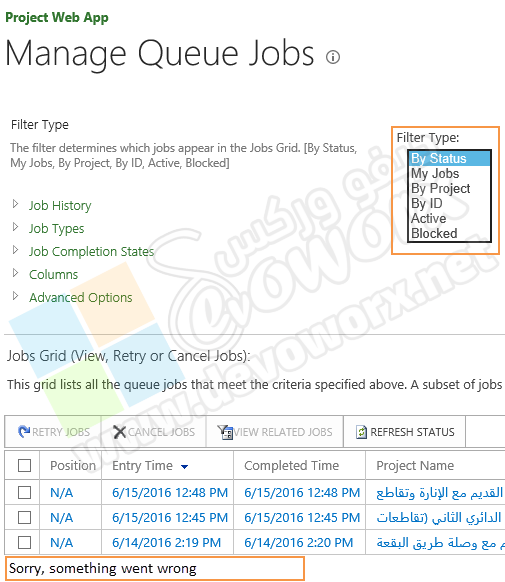Sorry, something went wrong within Manage Queue Jobs in Project Server 2016