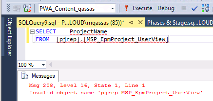 Invalid object name 'pjrep.MSP_EpmProject_UserView'