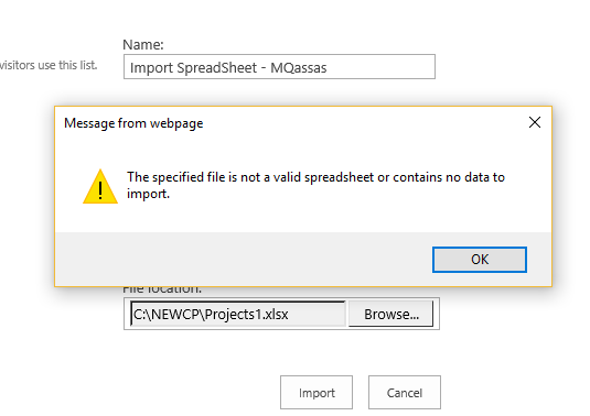 The specified file is not a valid spreadsheet or contains no data to import